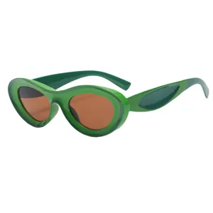 Trendy oval sunglasses with green frame and brown lenses for stylish women and men.