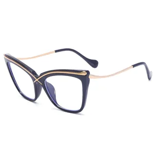 Stylish cat-eye anti-blue light glasses with metal cross bridge, large optical eyewear.