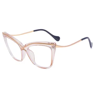 Fashion cat-eye clear glasses with metal cross design, anti-blue light large frame optical eyewear.