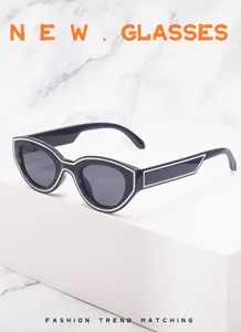 Detailed view of trendy oval cat-eye sunglasses with contrast white border design for street style.