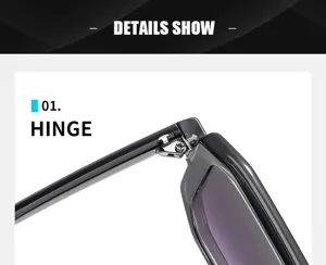Close up view of the durable metal hinge and thick frame structure of cyberpunk sunglasses detail.