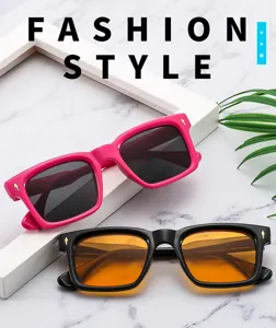 Detailed close-up view of trendy thick square frame sunglasses with stylish metal corner decor.