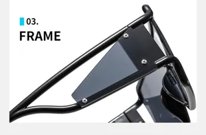 Detailed view of stylish black sunglasses frame with side shields, fashion eyewear accessory.