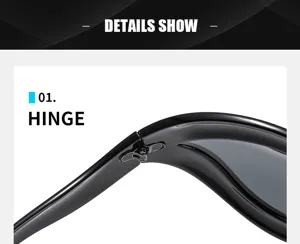 Futuristic sunglasses detail view showing the sturdy hinge and sleek black frame design.