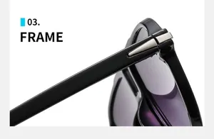 Detailed close-up view of black fashion sunglasses frame featuring stylish metal hinges.