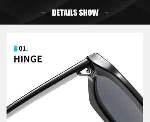 Close-up view of the black sunglasses metal hinge detail, showing sturdy construction.
