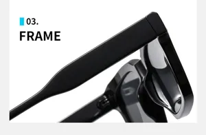 Close-up detail shot of black thick frame sunglasses temple showcasing stylish design.