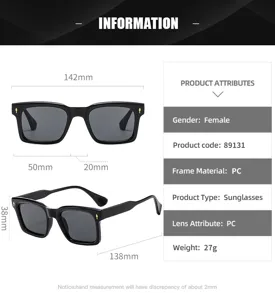 Women black square frame sunglasses with detailed dimensions and PC material specifications.