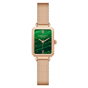 Damen Quarzuhr mit grünem quadratischem Zifferblatt und roségoldenem Mesh-Armband elegant.