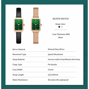 Damen Retro kleine rechteckige Quarzuhr mit grünem Zifferblatt und zwei Armbandoptionen.