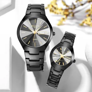 Set di orologi al quarzo di coppia cinturino in acciaio nero impermeabile design con calendario semplice