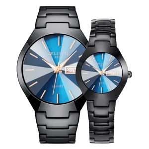 Set orologio quarzo di coppia cinturino acciaio inossidabile nero quadrante blu