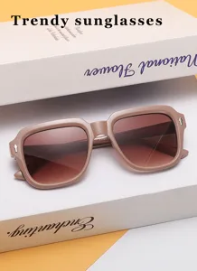 Trendy square sunglasses detail shot, light brown thick frame with gradient lenses and metal rivet.