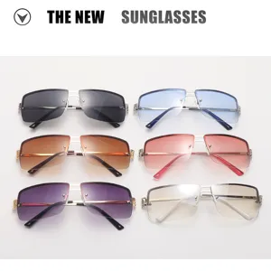 Metal half-frame cut-edge sunglasses for men and women, stylish square gradient lens shades.