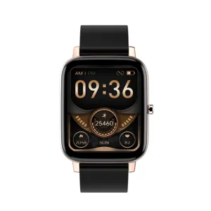 Quadratische Smartwatch mit Roségold-Gehäuse und schwarzem Silikonarmband, Frontansicht.