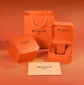 Set regalo per orologio WLISTH con borsa arancione, custodia in pelle e carta brandizzata.