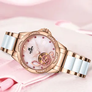 Montre mecanique automatique femme bracelet ceramique blanc or rose cadran nacre