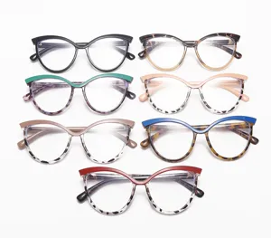 Close-up detail of stylish cat-eye anti-blue light glasses frames with colorful contrast design.