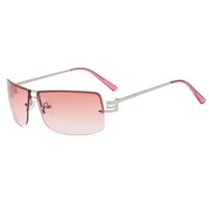 Fashion square gradient sunglasses for men and women with metal frames and rimless pink lenses.