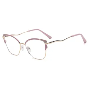 Women fashionable anti blue light glasses with stylish pink metal cat eye frame for daily wear.