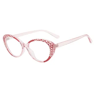 Stylish pink cat-eye blue light blocking glasses with chic geometric mosaic rim frame.
