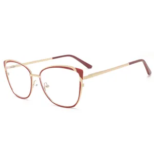 Women metal blue light blocking glasses stylish cat eye optical frames red gold eyewear