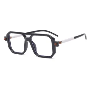 Retro punk double bridge fashion glasses with bold thick frame and stylish wooden accent details.