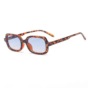 Retro square sunglasses for men and women, stylish tortoise shell frame with blue gradient lenses.
