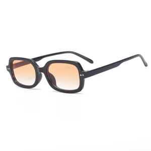 Retro square sunglasses for men and women, stylish black frame with gradient orange lenses.