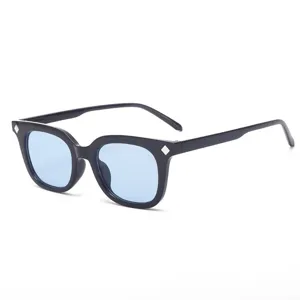 Fashion square sunglasses for men and women, vintage black frame with light blue lenses.