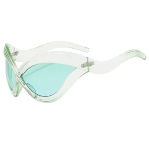 Futuristic Y2K wavy frame sunglasses, trendy transparent green cat eye fashion eyewear.