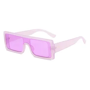 Futuristic flat top sunglasses with translucent purple frame and lenses for trendy unisex fashion.
