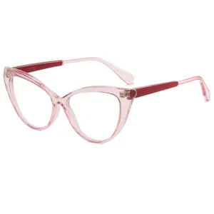 Occhiali anti luce blu cat-eye alla moda con montatura rosa trasparente elegante.
