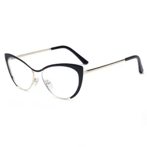 Stylish cat-eye metal blue light blocking glasses for women, minimalist clear optical frame.