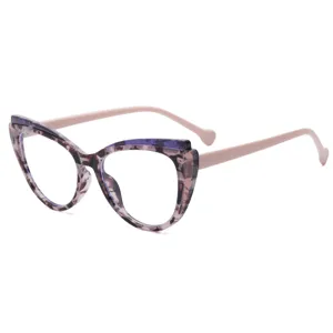 Stylish anti blue light glasses with butterfly frame, cute purple pattern and pink temples.