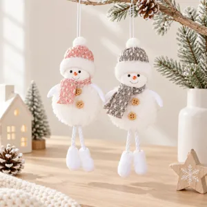 Christmas plush snowman hanging ornament with knitted hat scarf and cute wooden button details.