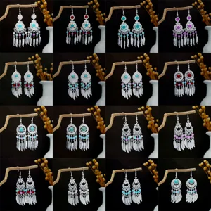 Boho ethnic silver tassel earrings, vintage metal geometric drop earrings with colorful beads.