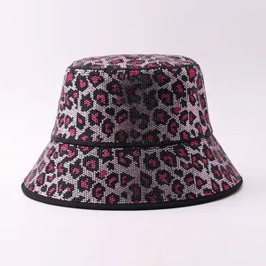 Damen Mode Leopard Strass Anglerhut Glitzernd Polyester Schwere Handarbeit Sonnenschutz Beckenhut Kristall Fischerkappe