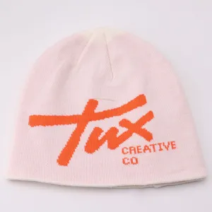 Pink knitted beanie winter warm pull-on hat featuring stylish orange letter jacquard detail.