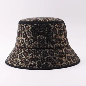 Glitzernder Leopard Print Fischerhut Strass Eimerhut Sonnenhut Streetwear Mode