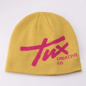 Yellow knit beanie with pink tux text, stylish autumn winter warm pullover cap for daily wear.