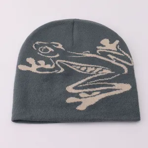 Fashionable frog jacquard knit beanie hat, casual warm winter wool cap for men and women.