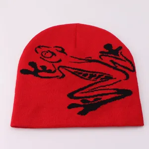 Red knitted beanie hat for women and men warm winter jacquard frog pattern casual skull cap