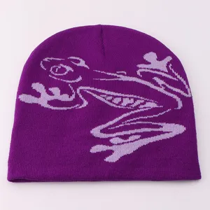 Purple knit beanie with abstract frog jacquard design, warm casual winter hat for men.