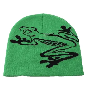 Green knit beanie hat with black frog graphic pattern winter warm skull cap for daily wear