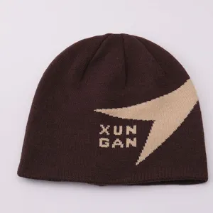 Brown knitted beanie winter hat with contrast color abstract pattern and letter design.