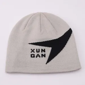 Grey knitted beanie cap for winter warm wear, casual pull-on skull cap with stylish jacquard.
