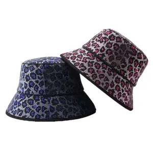 Glitzernder Strass Leopardenmuster Fischerhut Damen Mode Sommer Sonnenschutz Kappe