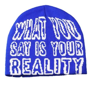Bonnet en tricot bleu avec motif jacquard de lettres tendance, bonnet d'hiver chaud et mode