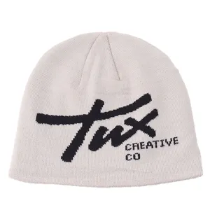 Casual autumn winter grey knit beanie hat with trendy letter jacquard design for daily wear.